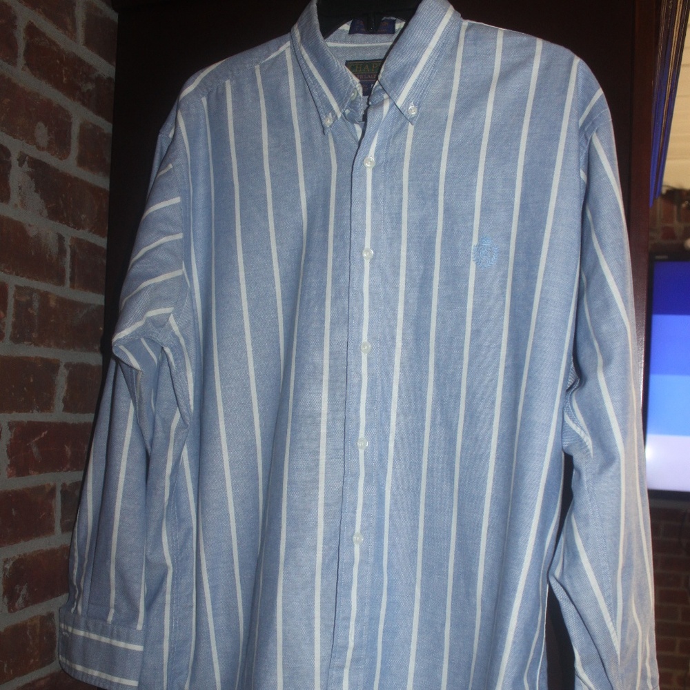 Chaps Ralph Lauren blue white stripe button down collar shirt size 15 1/2 32/33…